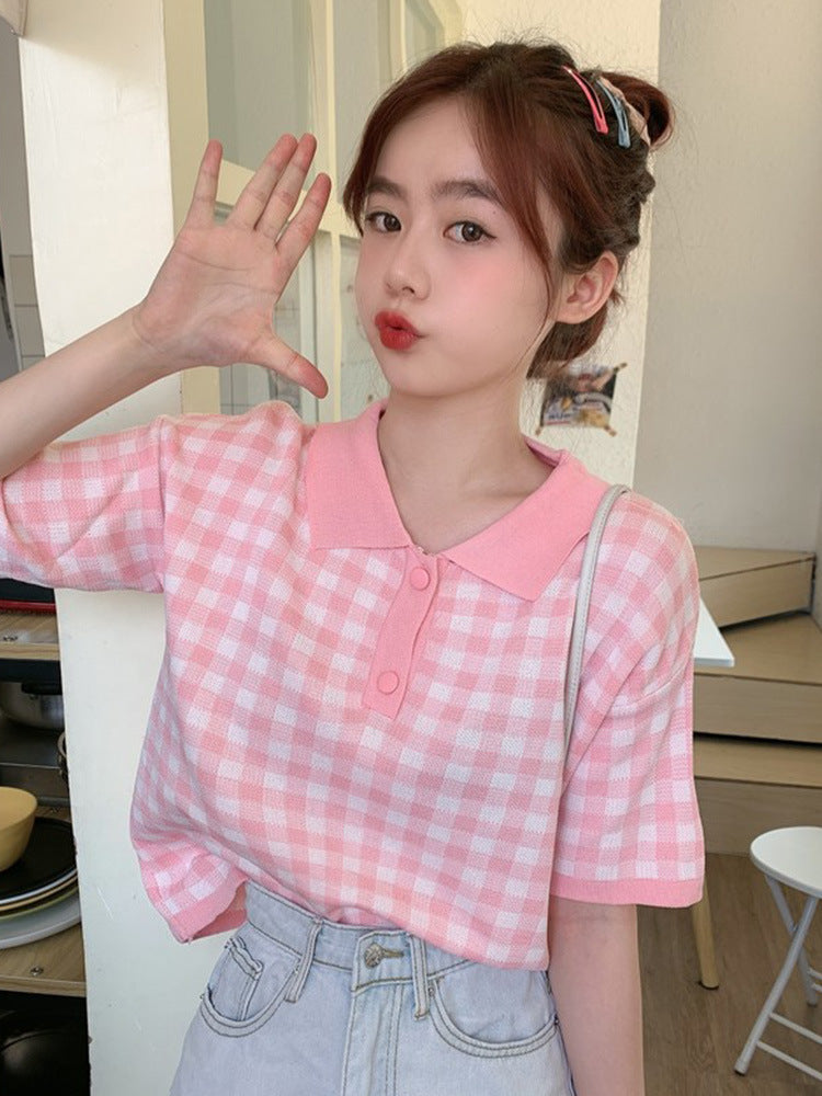 Plaid Polo Collar Short-sleeved Small Student Short Top