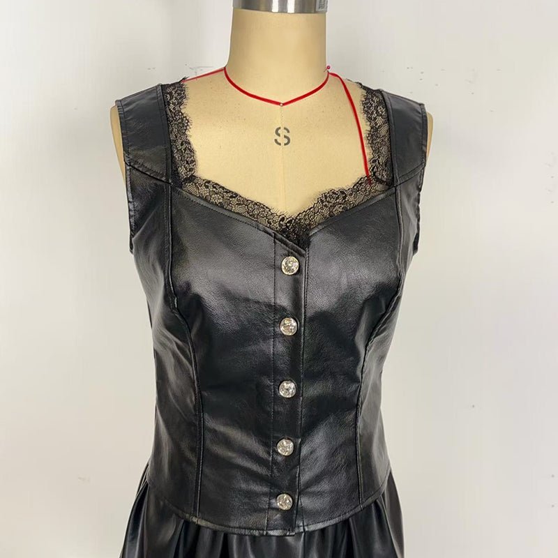 Women's Faux Leather Vest - Sexy Lace Trim V - Neck Sleeveless Top For Club & Y2K Party - Taliana Store