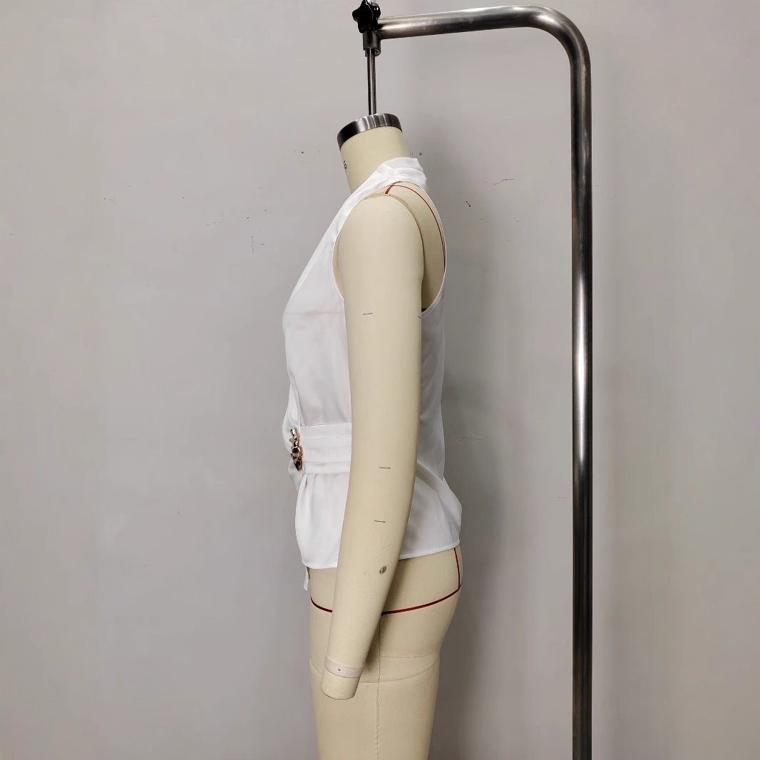 French - style Satin V - neck Slim - fit Sleeveless Blouse With Tie Detailing - TALIANA STORE