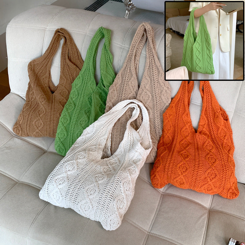GWomen Shoulder Bags Portable Retro Hollow Knitted Woolen Yarn Bag Shoulder Tote Bag Solid Color Crochet Bag Large Capacity Shopping Tote Bags