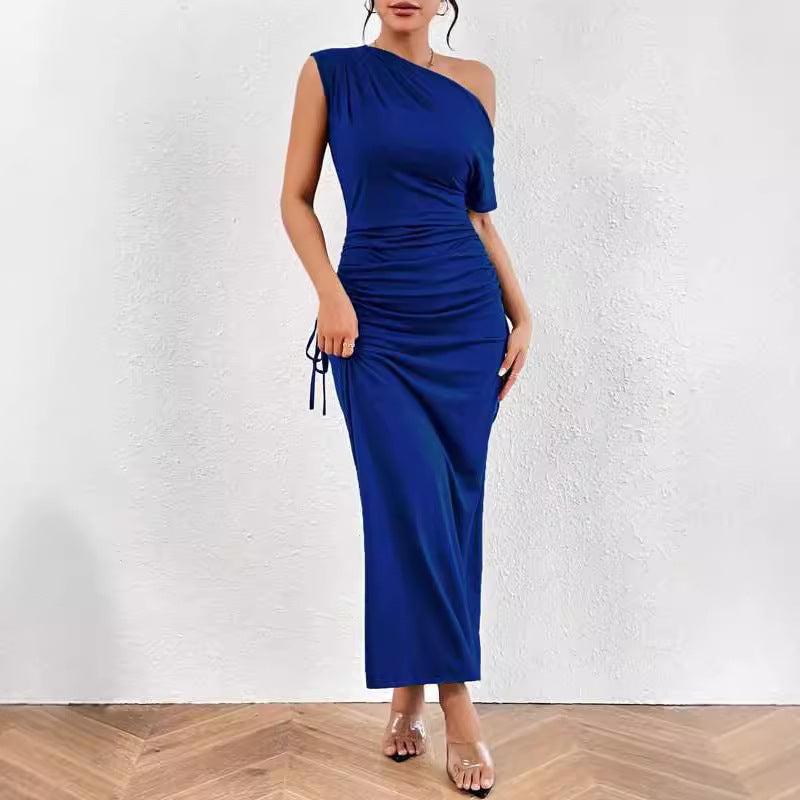 Off-shoulder One-shoulder Slim-fit Pleated Maxi Dress