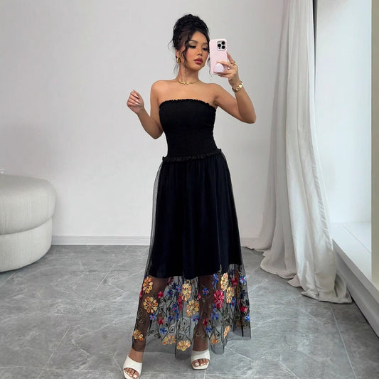 Casual Women's Floral Embroidery Strapless Maxi Dress