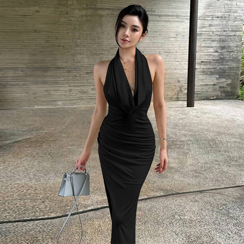 Pleated, Figure-hugging Elegant Halter-neck Maxi Dress