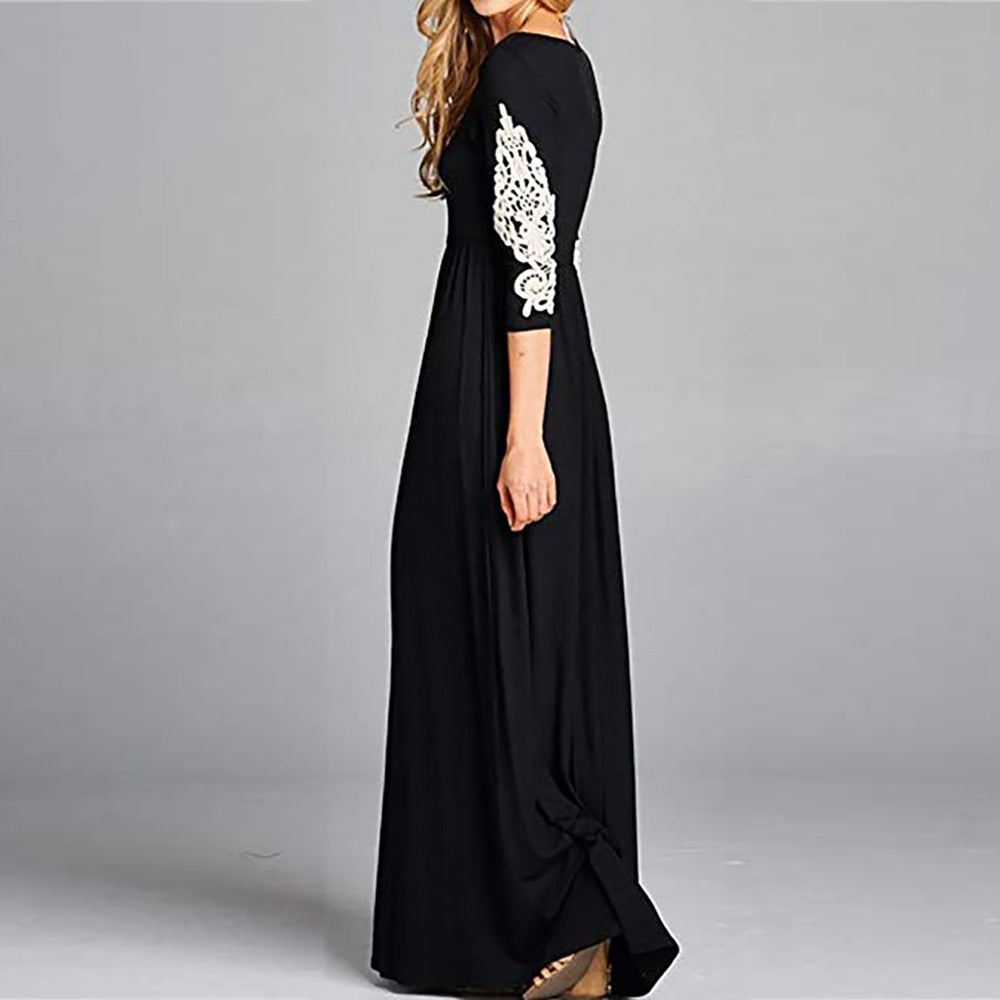 Round Neck Long Sleeve Lace Waist Maxi Dress
