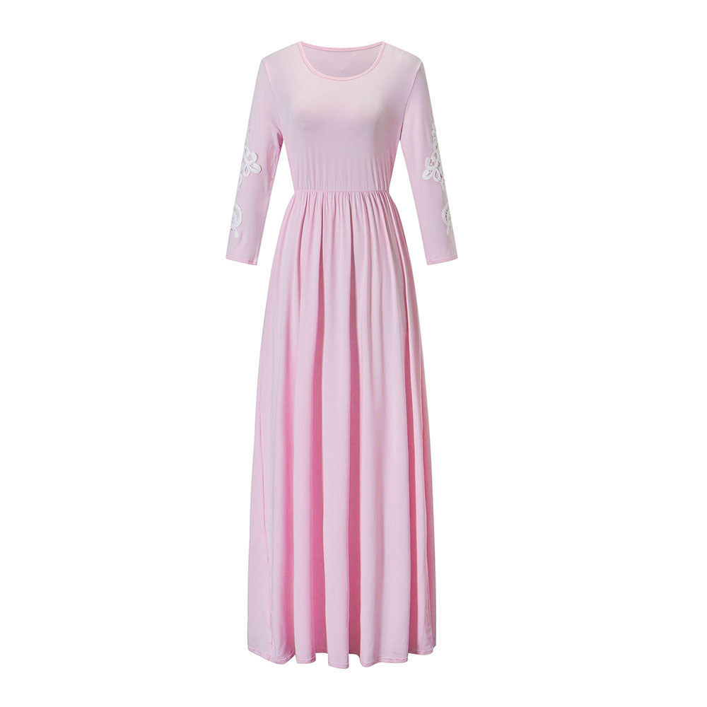 Round Neck Long Sleeve Lace Waist Maxi Dress