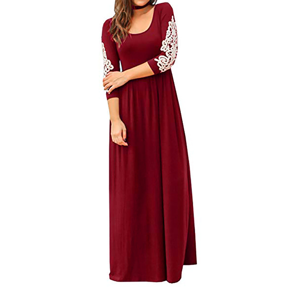Round Neck Long Sleeve Lace Waist Maxi Dress