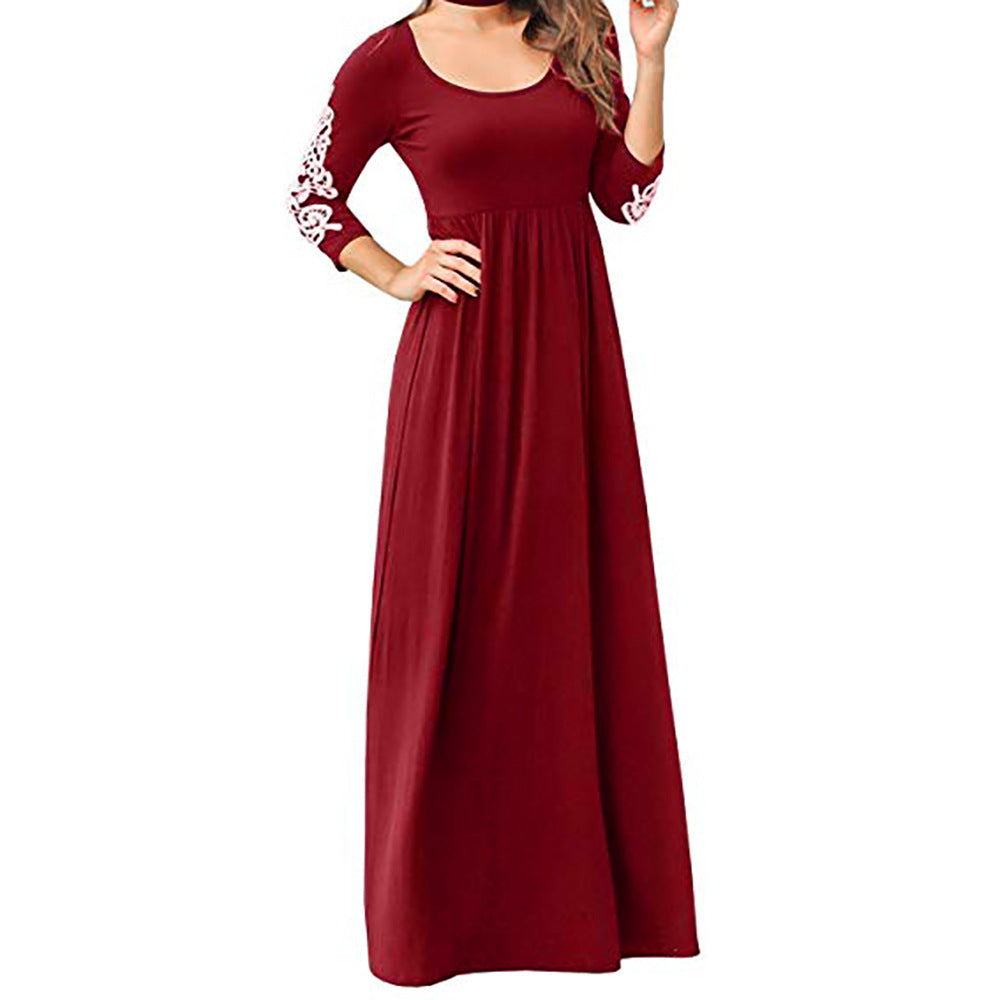 Round Neck Long Sleeve Lace Waist Maxi Dress