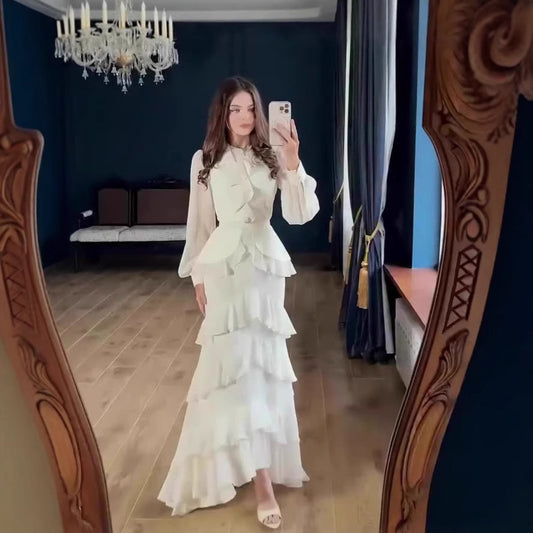 Elegant Ruffled Long-sleeve Waist-cinched Maxi Dress