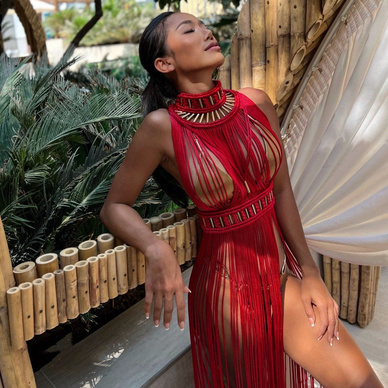 Womens Elegant Vintage Handwoven Tassel Maxi Dress