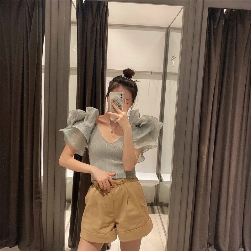 Organza Short Sleeve Slim Fit Short Crop Top
