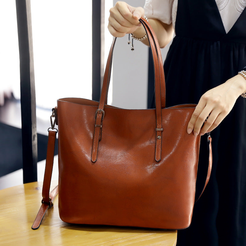 Simple Oil Wax Leather Messenger Shoulder Bags Women's High Capacity Portable Tote Bag
