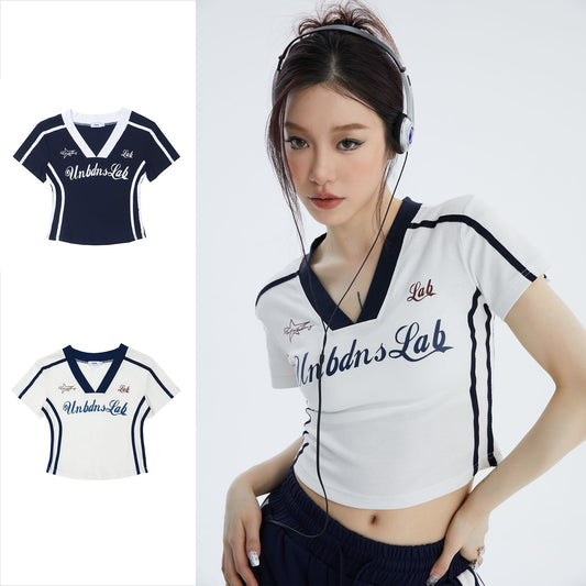 Color Blocking Short Niche Design V-neck Short Sleeves