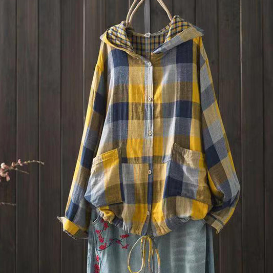 New Korean-style Oversized Artistic Retro Casual Plaid Cotton-linen Double-layer Shirt With A Hood