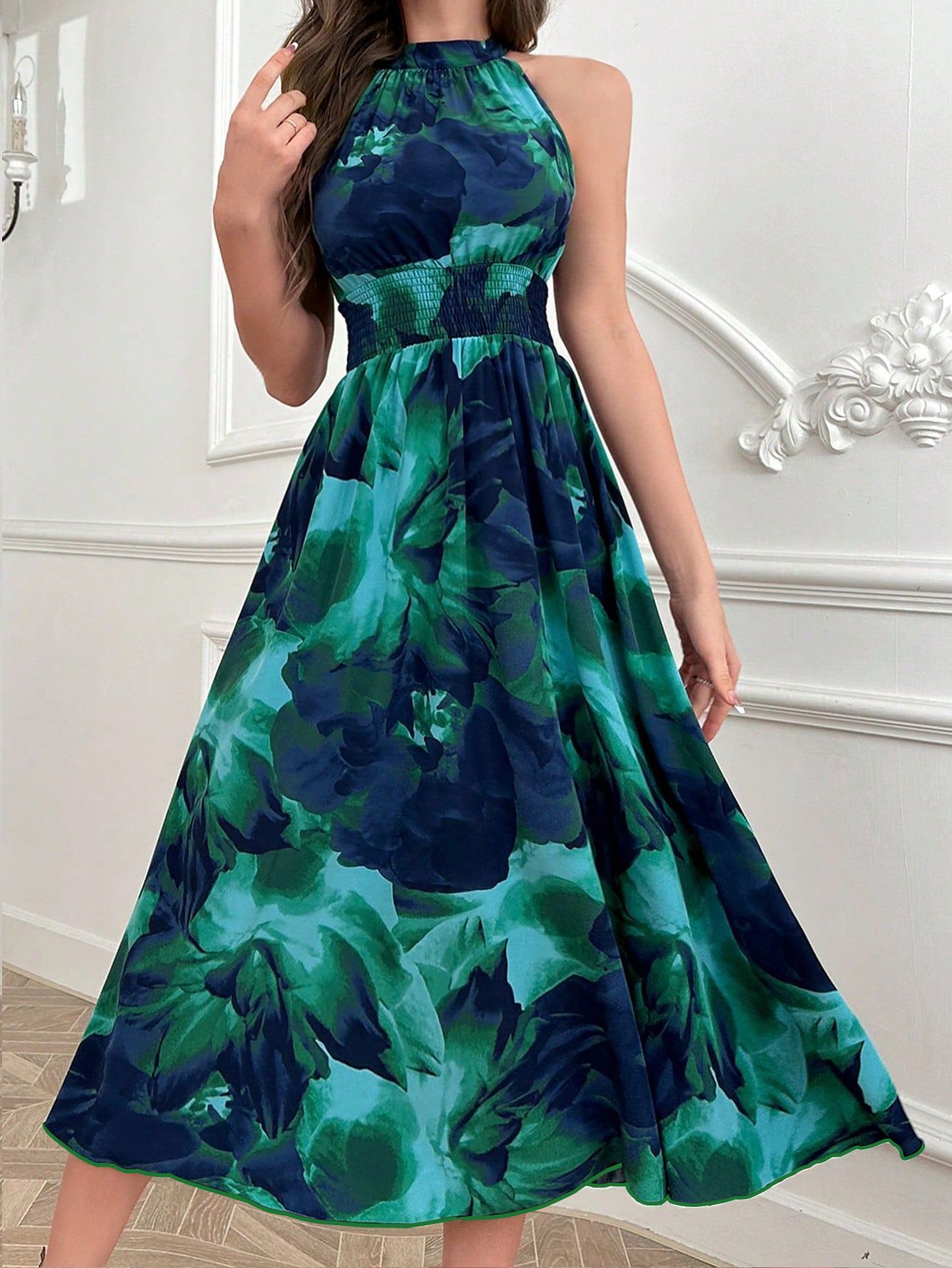 Temperament Waist-high Collar Printed Sleeveless Maxi Dress