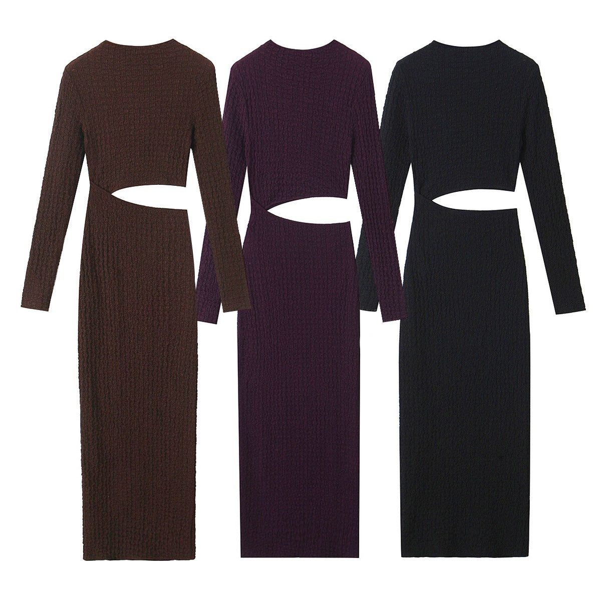 Long Sleeve Hollow-out Midriff Texture Maxi Dress