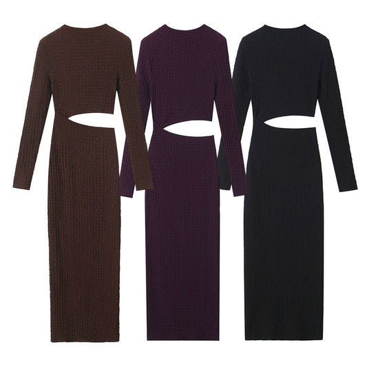 Long Sleeve Hollow-out Midriff Texture Maxi Dress