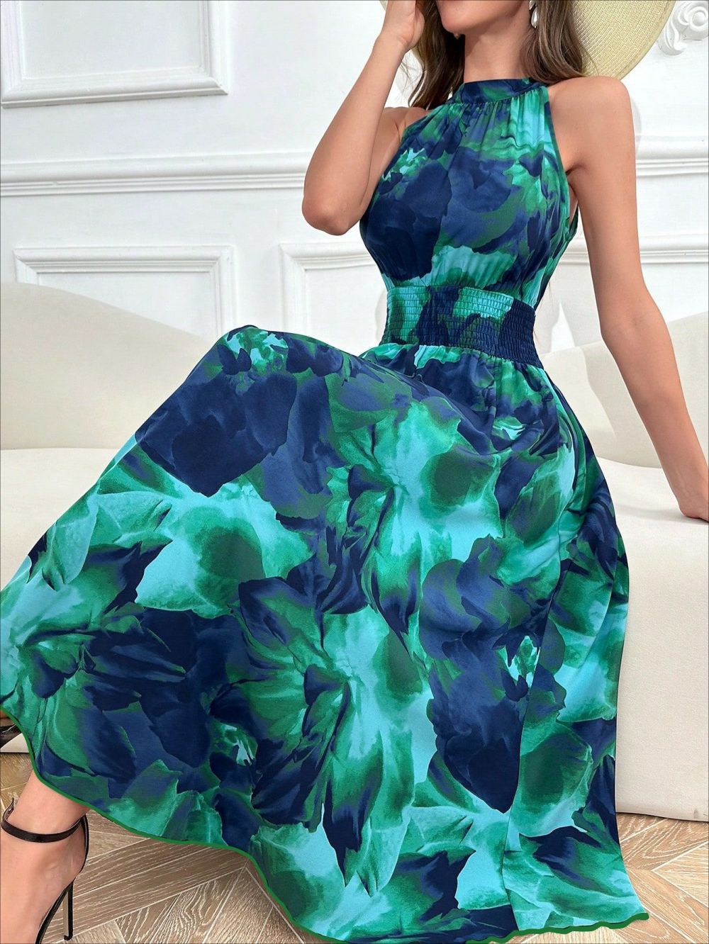 Temperament Waist-high Collar Printed Sleeveless Maxi Dress