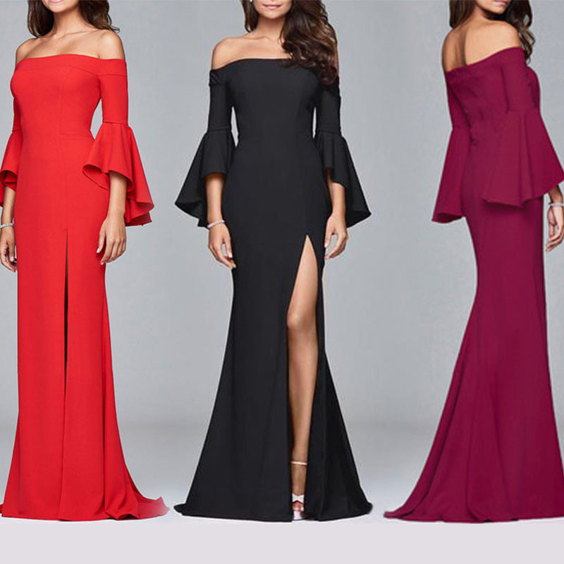 Solid Color Off Shoulder Split Evening Maxi Dress