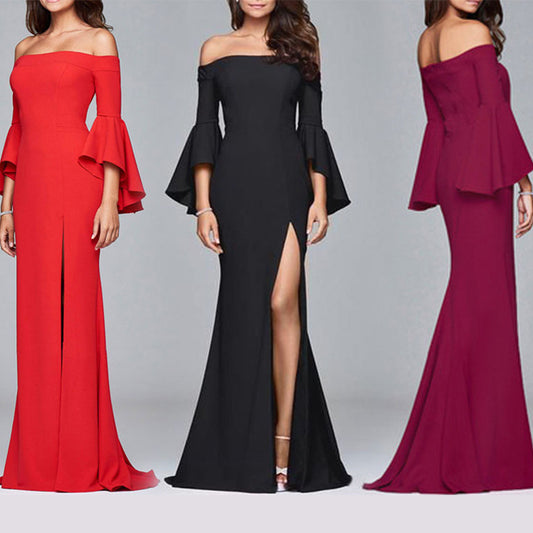 Solid Color Off Shoulder Split Evening Maxi Dress