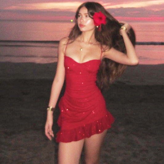 Womens Ruffled Sequin Camisole Dress