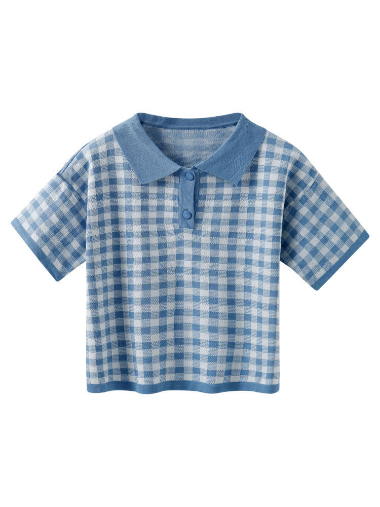Plaid Polo Collar Short-sleeved Small  Student Short Top