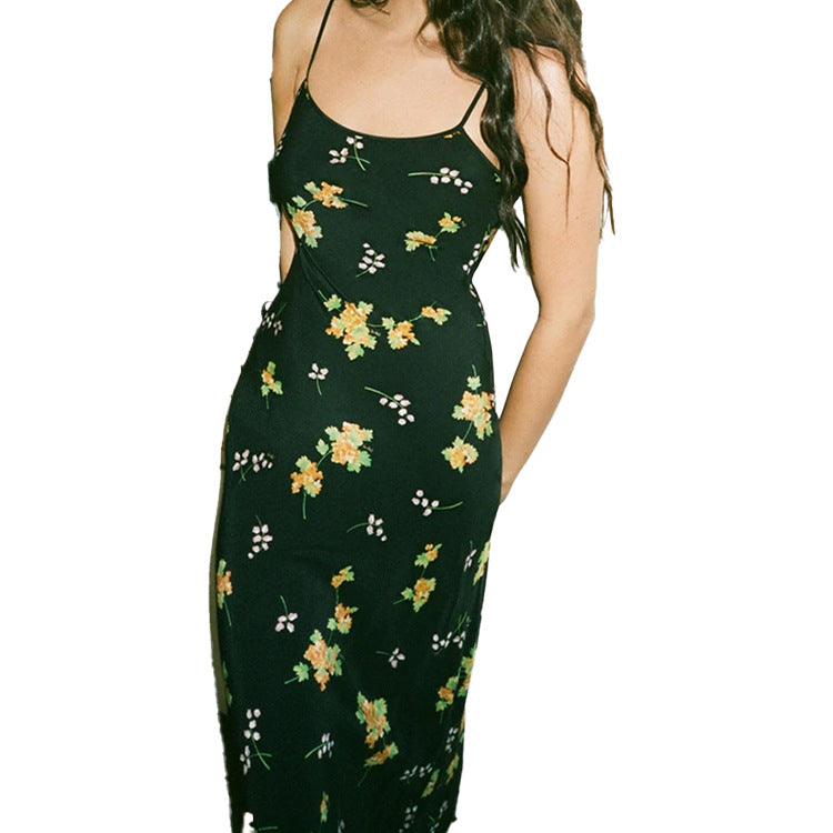 Sexy Printed V-neck Halter Strap Maxi Dress