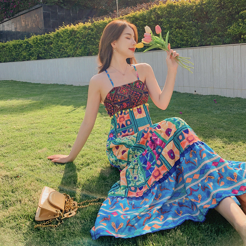 Bohemian Cross Back Tropical Maxi Summer Dress