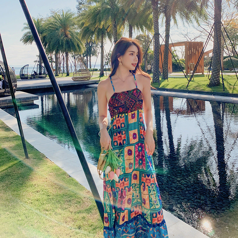 Bohemian Cross Back Tropical Maxi Summer Dress