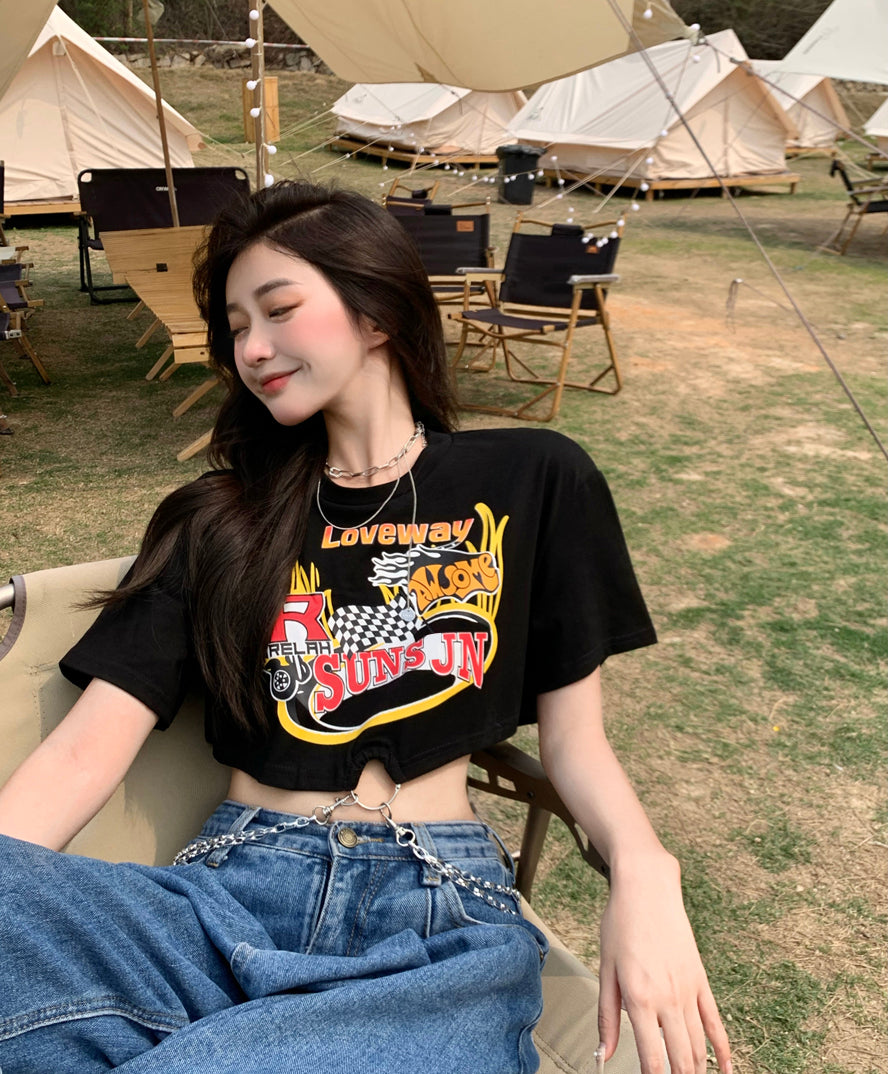Chain Short Cropped Black Short-sleeved Top