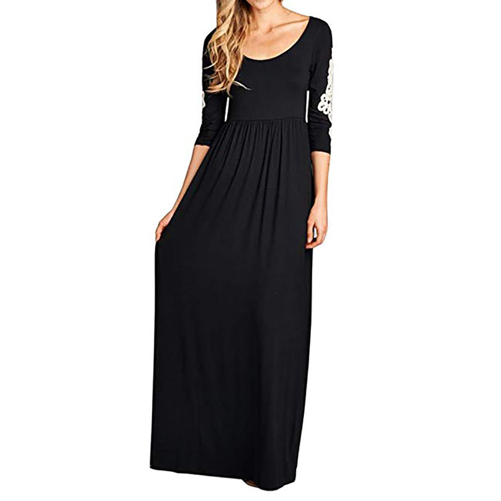 Round Neck Long Sleeve Lace Waist Maxi Dress