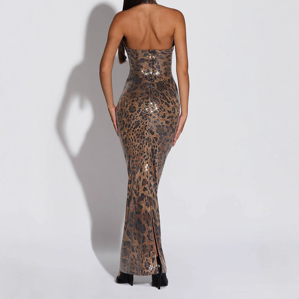 Women's Backless Leopard-Print Bodycon Halter Maxi Dress