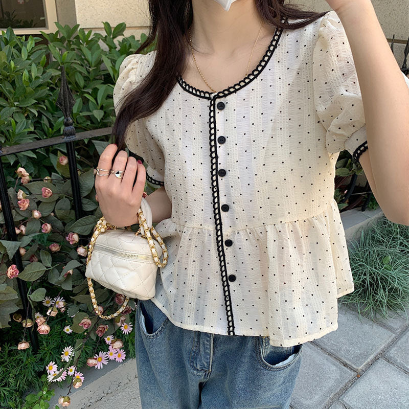 Summer Sweet And Feminine Loose-fitting Polka-dot Short-sleeve Top