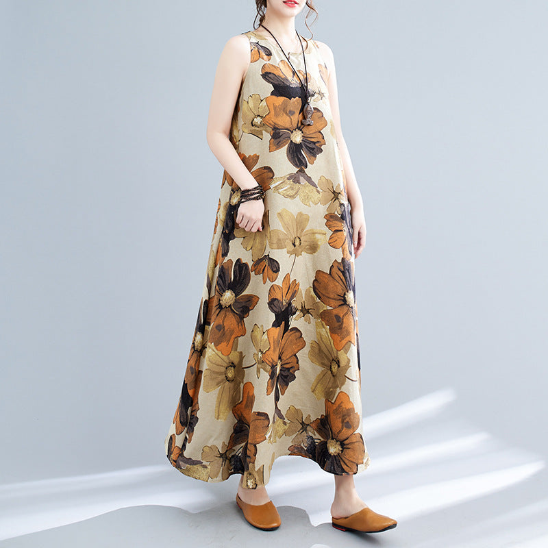 New Simple Fashion Bohemian Maxi Dress Sleeveless Round Neck Printed Dress Women