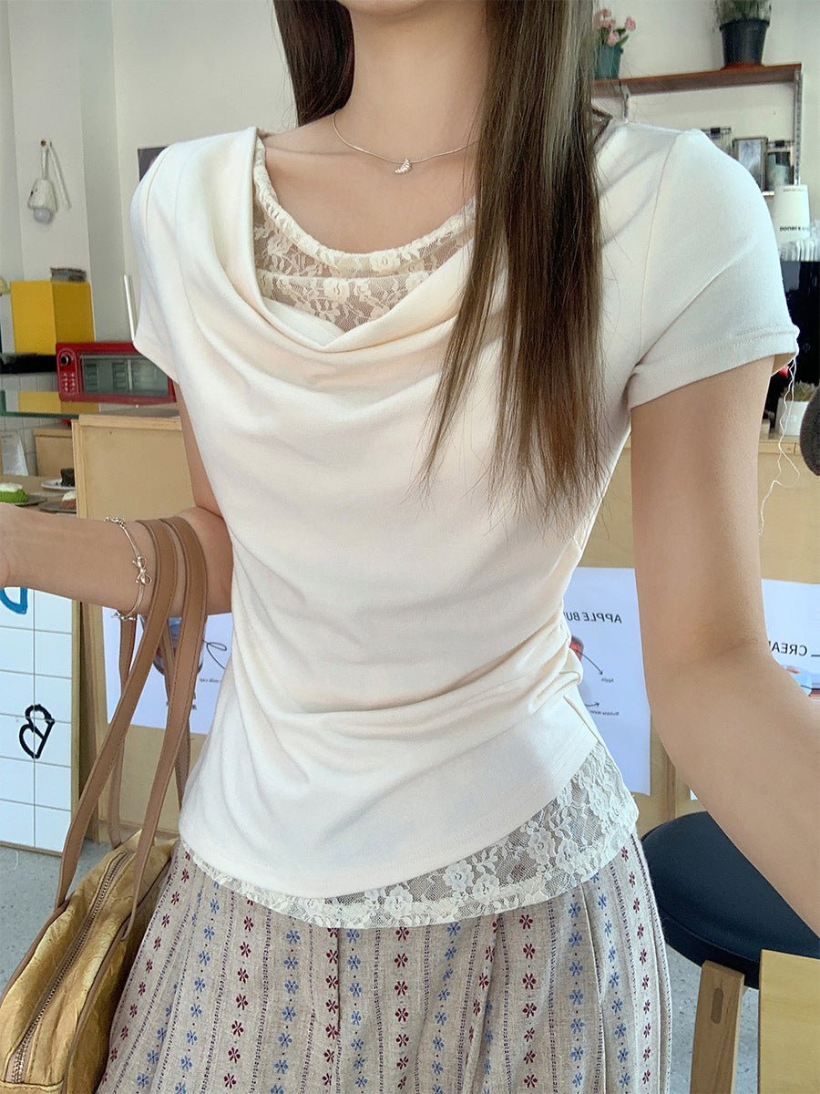 Korean Style Lace Stitching Swing Collar Off - shoulder Short Sleeve T-shirt - TALIANA STORE