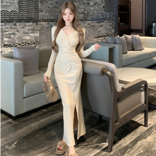Womens Stylish Slit Body-hugging Long-sleeve Dress