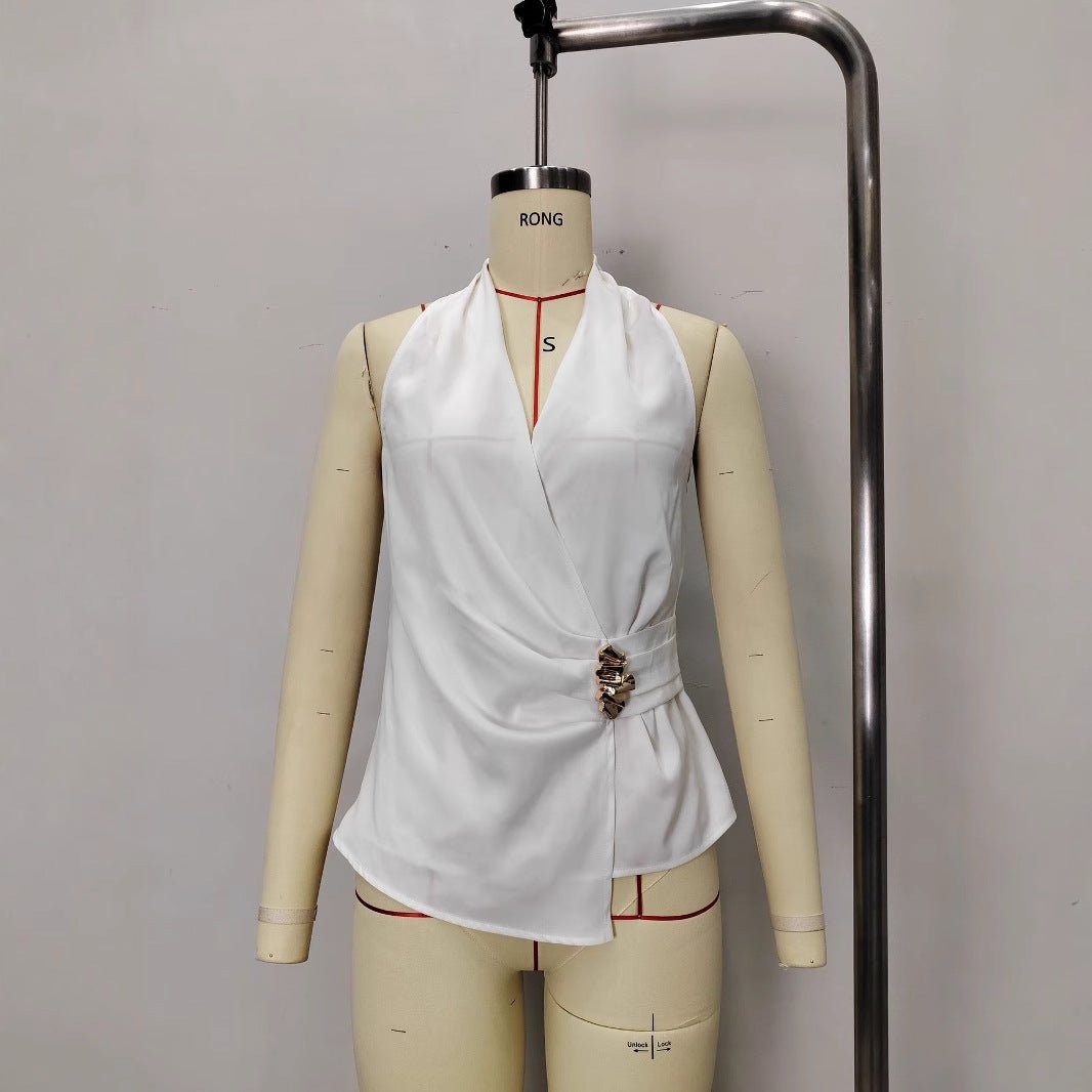 French - style Satin V - neck Slim - fit Sleeveless Blouse With Tie Detailing - TALIANA STORE