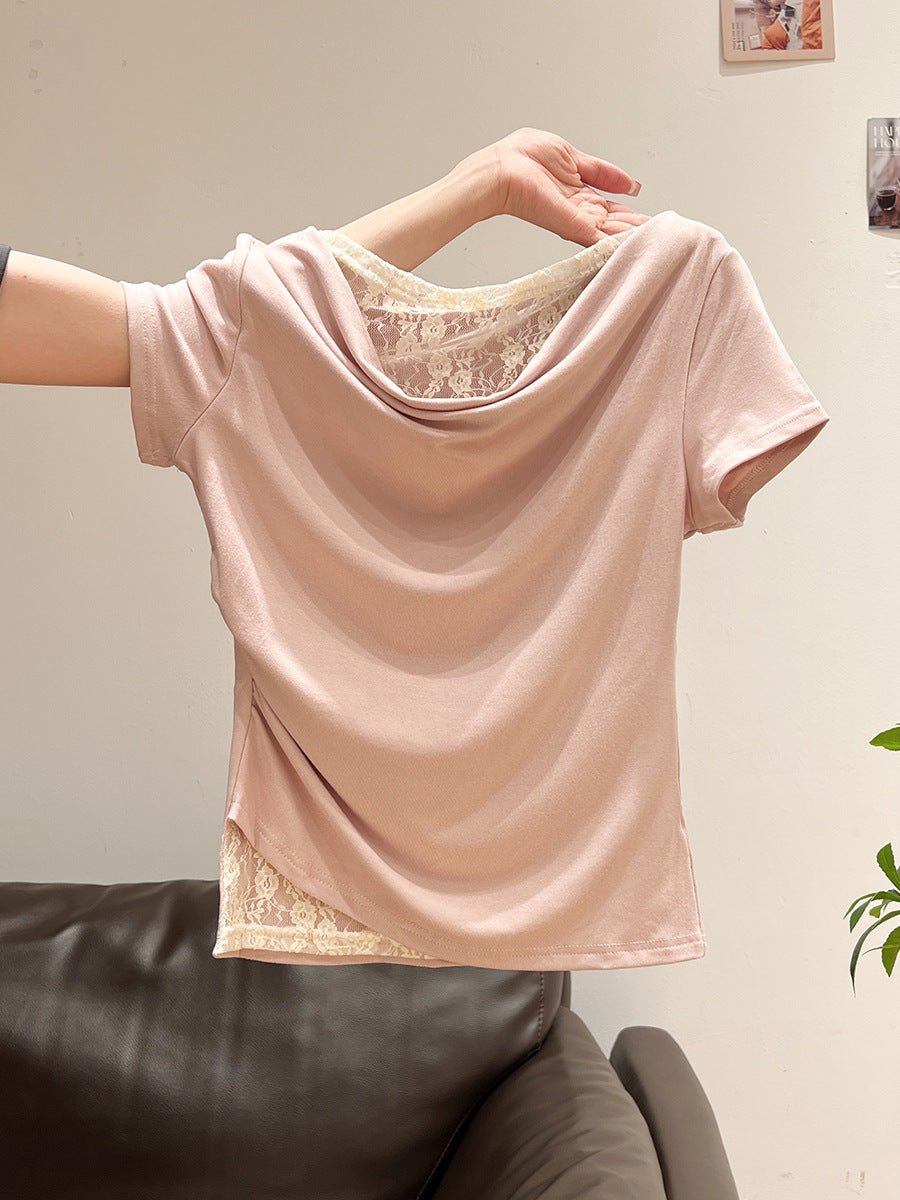 Korean Style Lace Stitching Swing Collar Off - shoulder Short Sleeve T-shirt - TALIANA STORE
