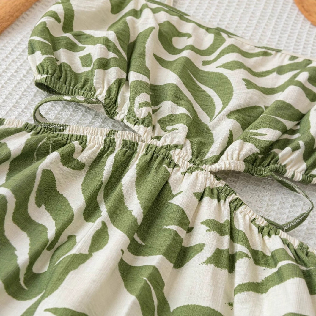 Green Floral Maxi Slip Dress With Hollow-out Design