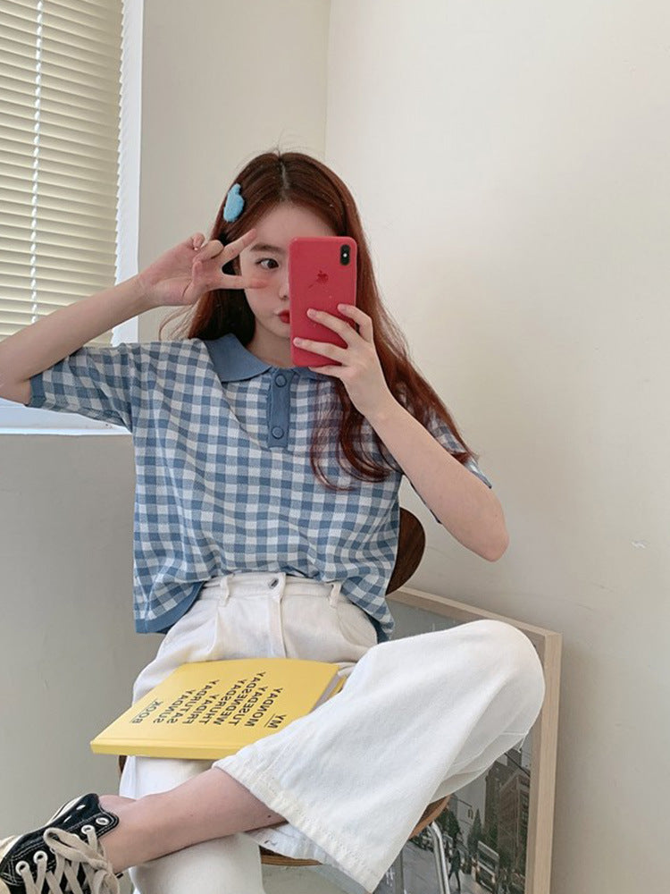 Plaid Polo Collar Short-sleeved Small  Student Short Top