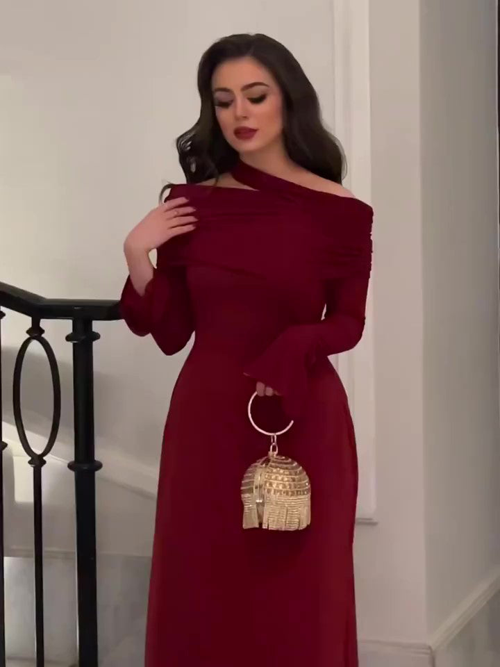 Burgundy Off-Shoulder Long-Sleeve Maxi Dress