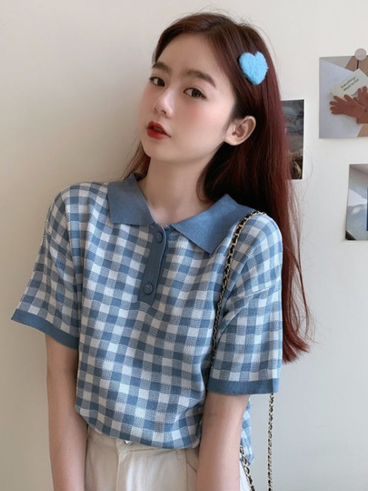 Plaid Polo Collar Short-sleeved Small  Student Short Top