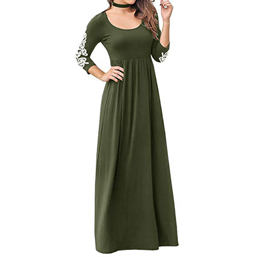 Round Neck Long Sleeve Lace Waist Maxi Dress