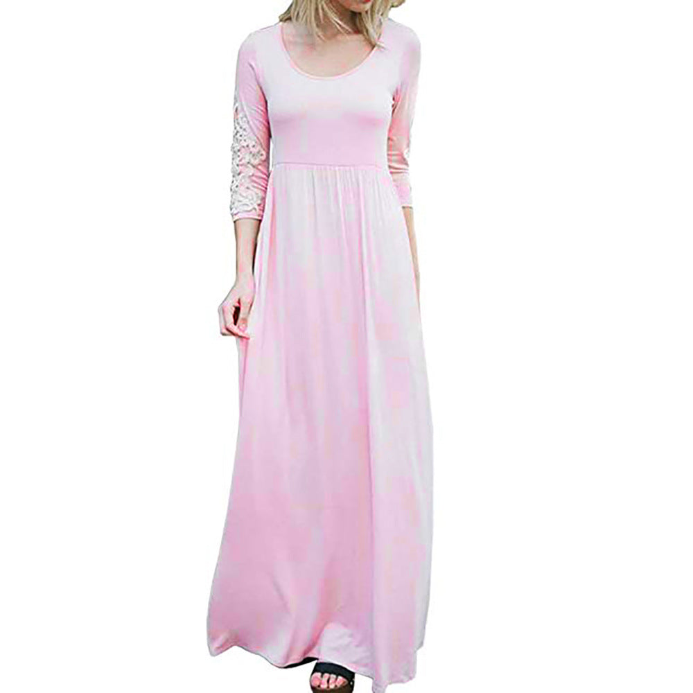 Round Neck Long Sleeve Lace Waist Maxi Dress