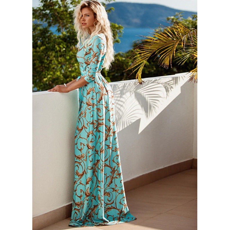 Dress mid sleeve v-neck mopping maxi skirt