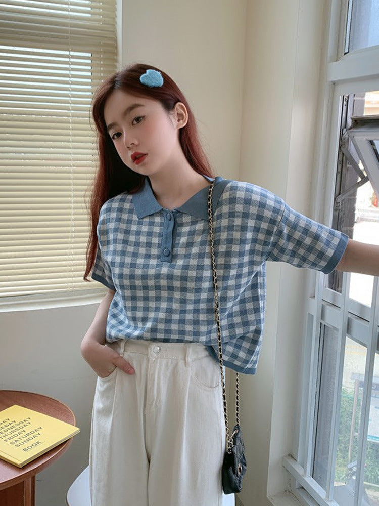 Plaid Polo Collar Short-sleeved Small  Student Short Top