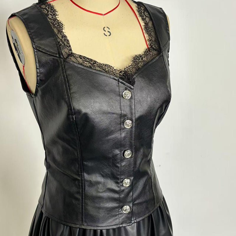 Women's Faux Leather Vest - Sexy Lace Trim V - Neck Sleeveless Top For Club & Y2K Party - Taliana Store