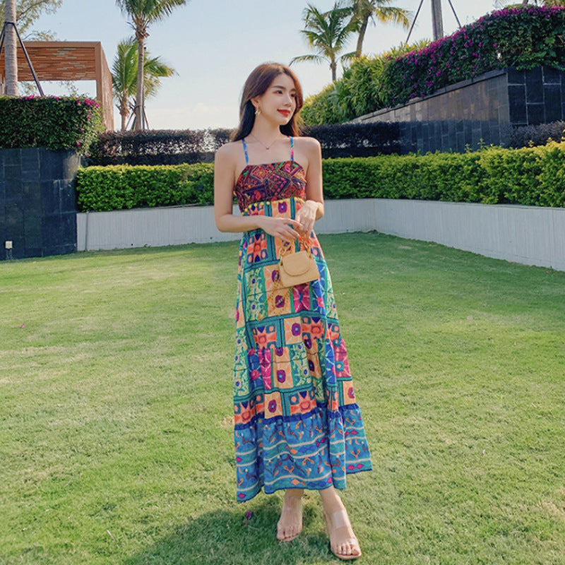 Bohemian Cross Back Tropical Maxi Summer Dress