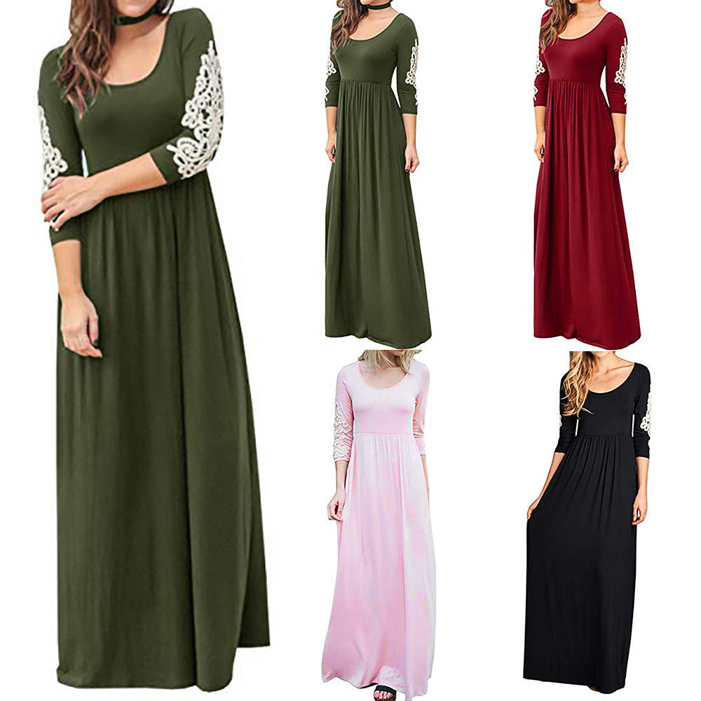 Round Neck Long Sleeve Lace Waist Maxi Dress