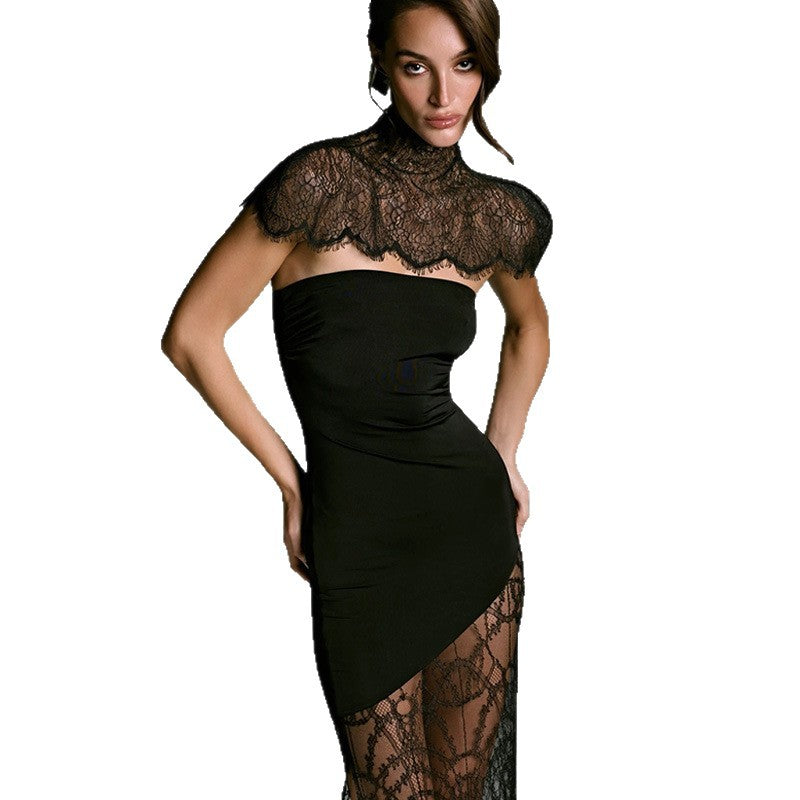 Stylish Elegant Lace Shrug And Tube Top Maxi Dress