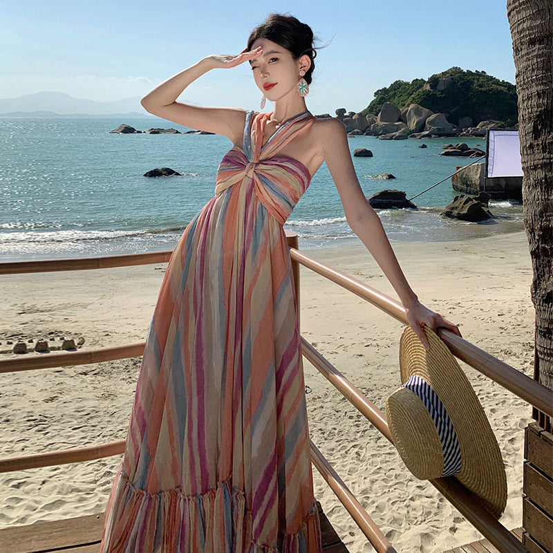 Candy Color Gradient Halter Tie Dye Maxi Dress